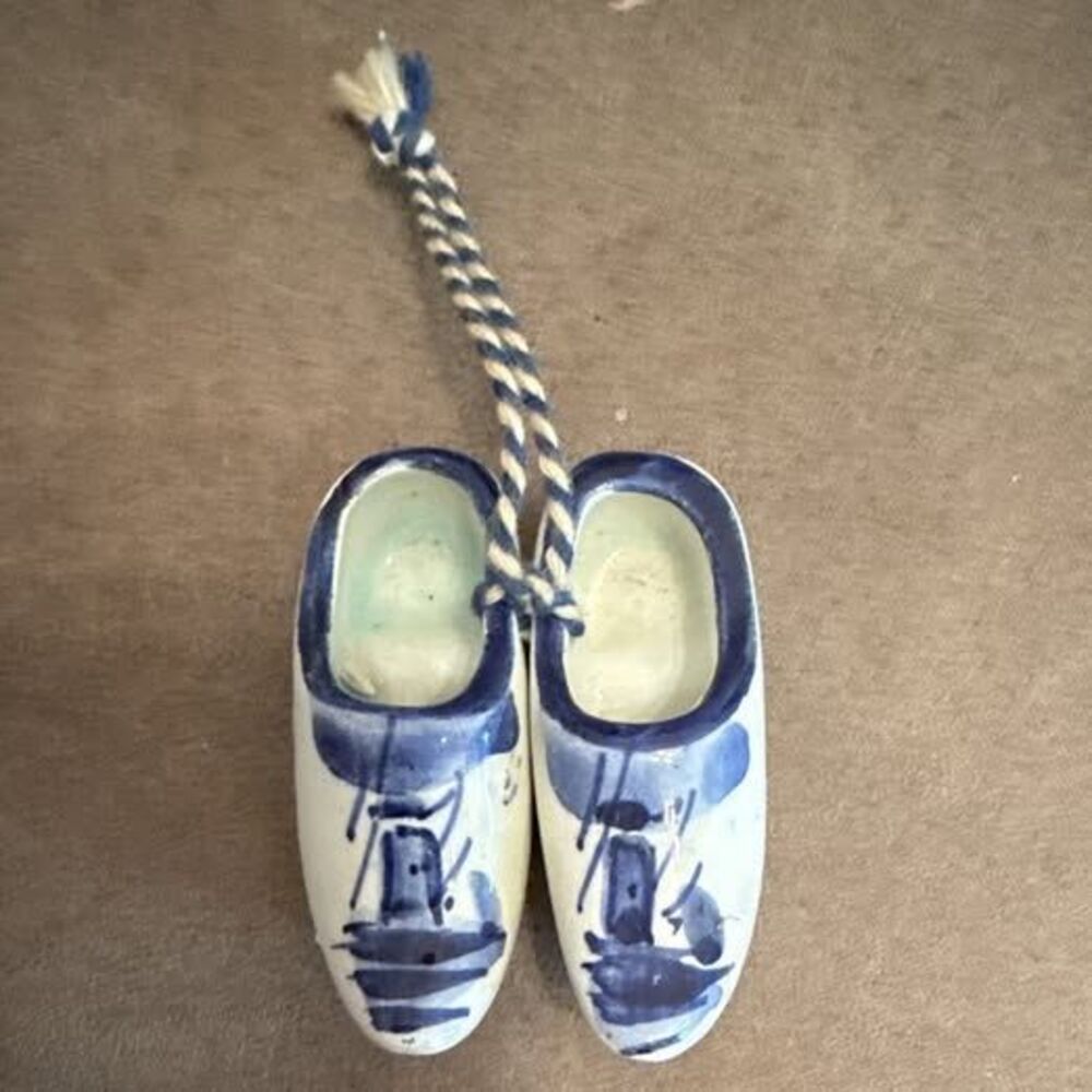 Blue & White Delft Hand-Painted Glazed Ceramic Miniature Clogs, Windmill